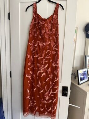 Adrianna Papell Rust Orange Floral Embroidered Maxi Dress with Sheer Overlay